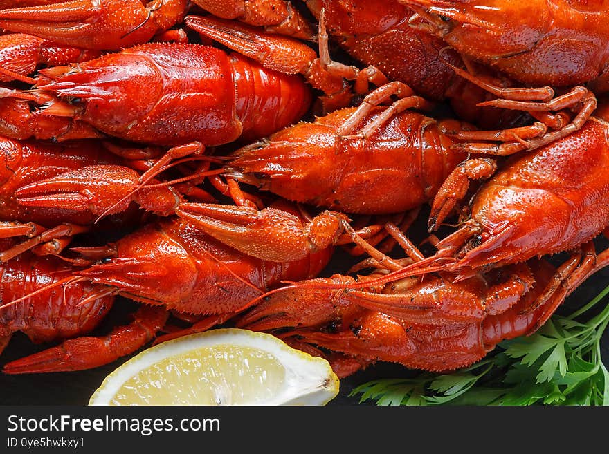 Boiled red crayfish laid out on the table. Boiled red crayfish laid out on the table