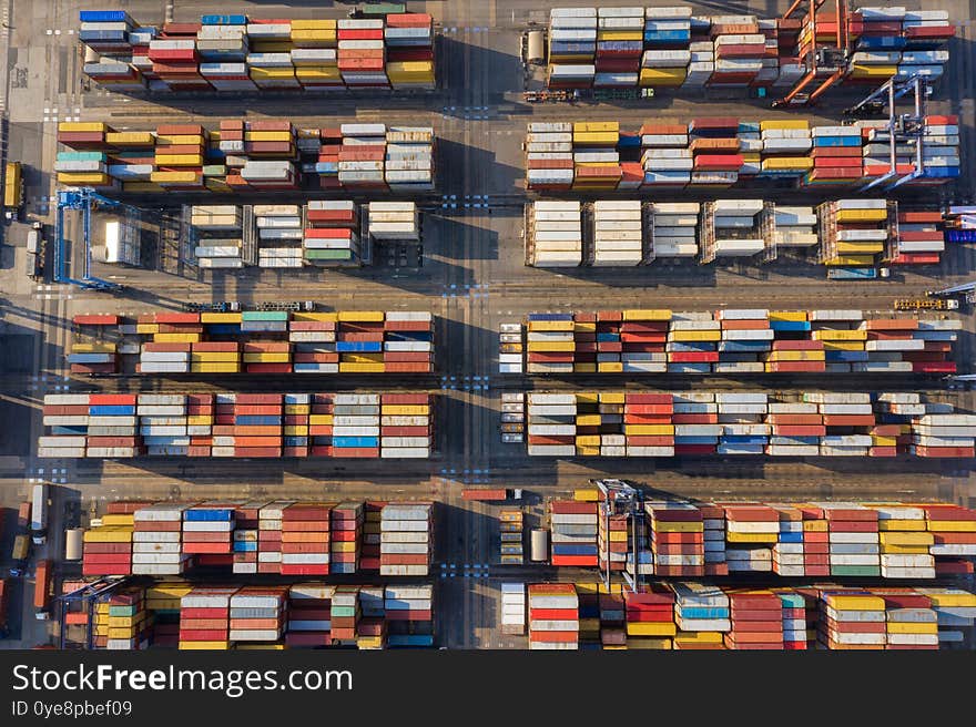 Container , container ship in export and import business and logistics. Shipping cargo to harbor by crane. Water transport International. Aerial view and top view