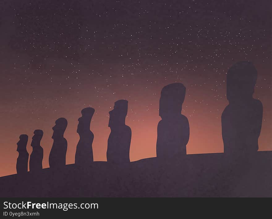 The Moai On The Easter Island, The Chilean Landscape.