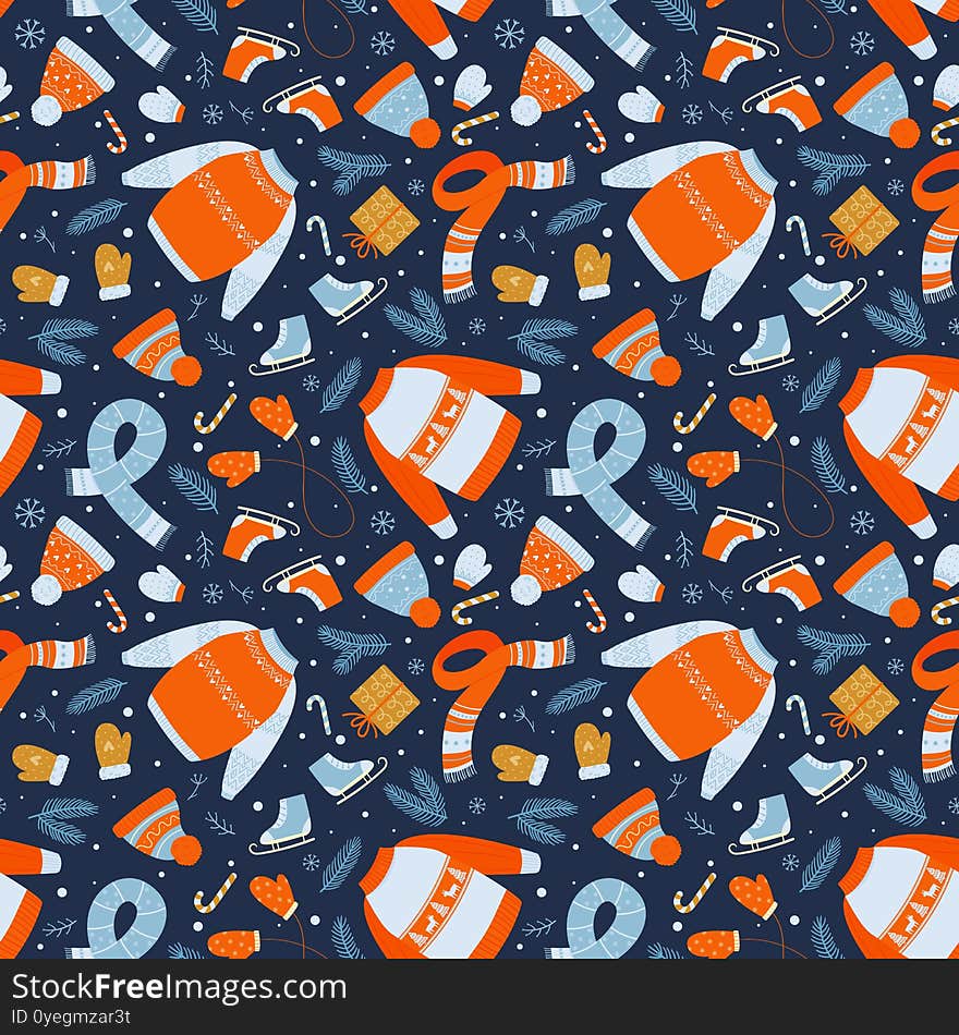 Seamless pattern with different winter elements. Sweaters, hats, scarves, skates, mittens, a gift, fir branches and lollipops on a dark blue background.