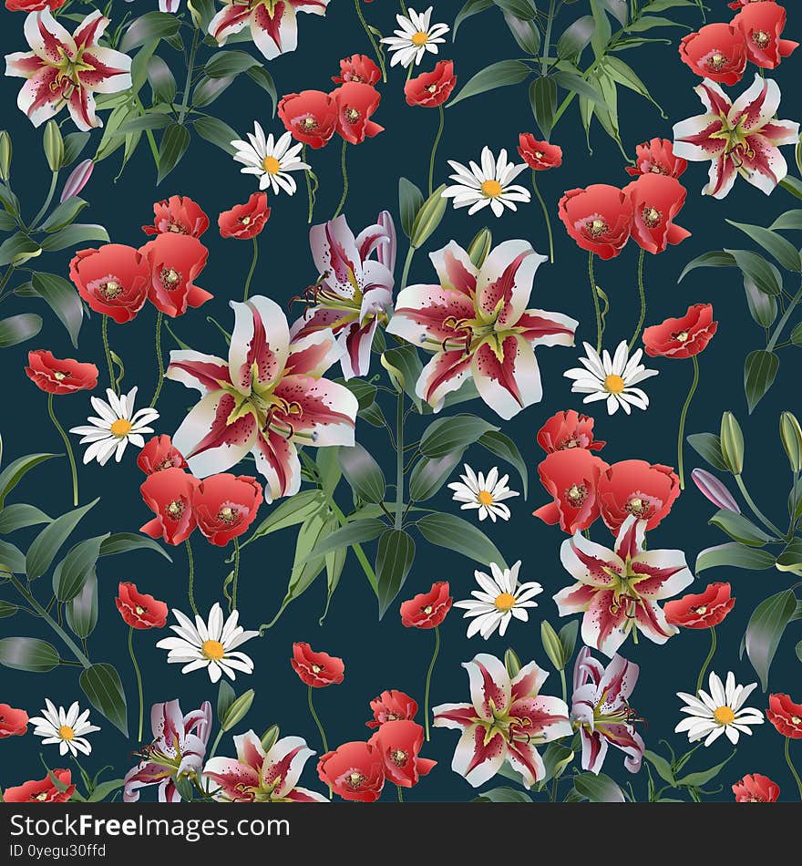 Seamless pattern from Olympic lilies, daisies and poppies. Dark blue background.