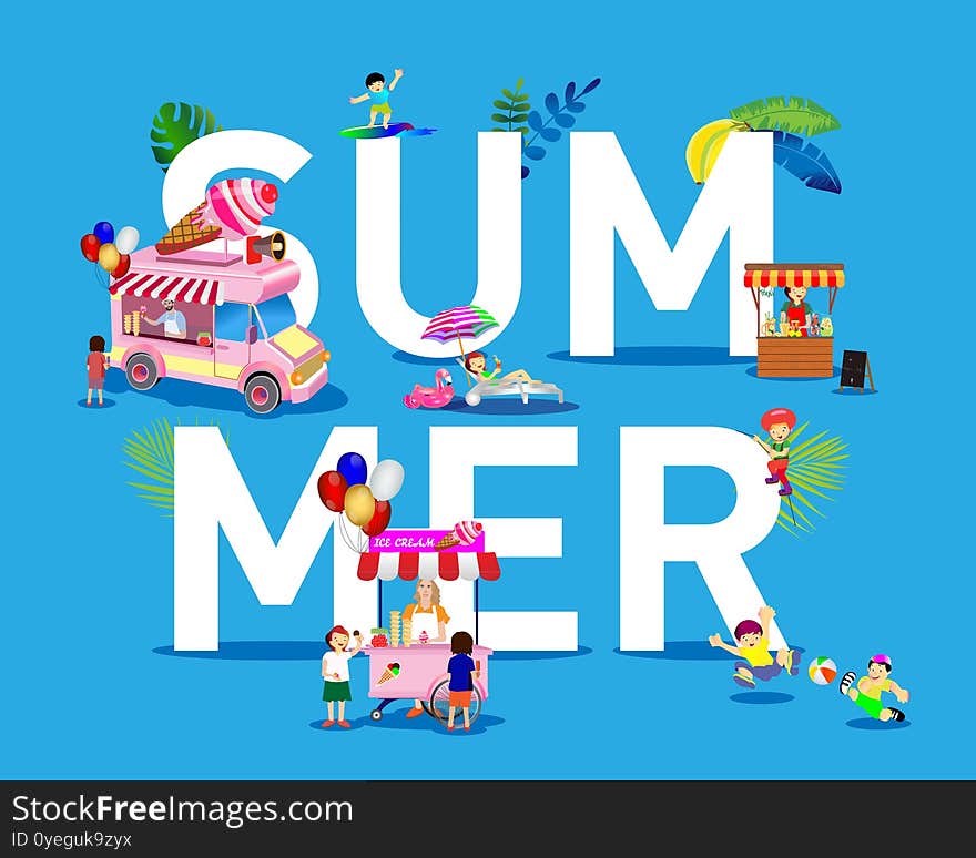 Vector image with summer plots. Ice cream maker sells ice cream, kids play, sunbathe and drink lemonade