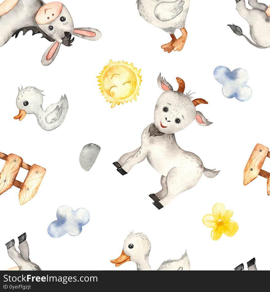 Farm animals, donkey, goat, goose, fence, sun on a white background. Multidirectional watercolor seamless pattern. Farm animals, donkey, goat, goose, fence, sun on a white background. Multidirectional watercolor seamless pattern