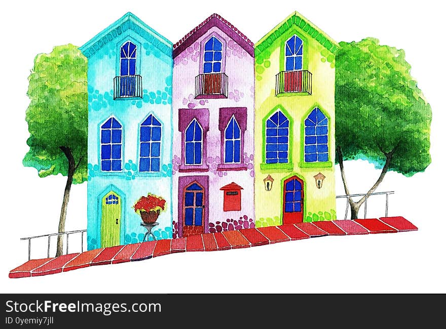 Watercolor multicolored houses and trees