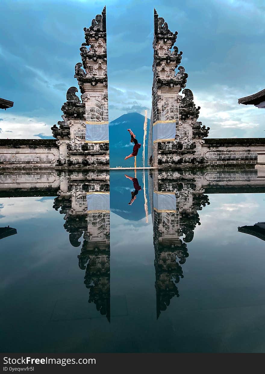 Travel Photography, Girl Jumping, Mountain Agugnf,  Reflection Of The View, Gates Of Heaven, Lempuyang Temple, Bali, Indonesia