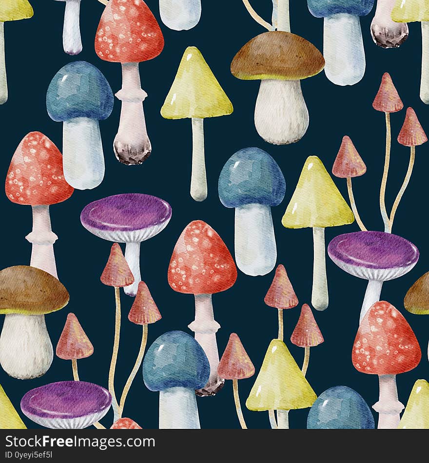 Cute seamless pattern with colorful mushrooms