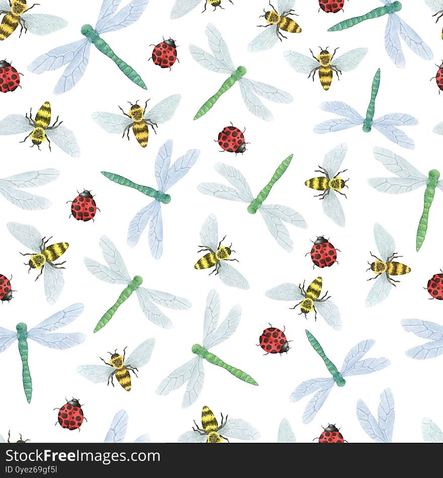 Watercolor Seamless Pattern With Hand Drawn Dragonflies, Bees And Ladybugs Isolated On White Background. Illustration For Print,