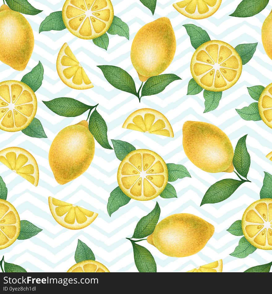 Watercolor Seamless Pattern With Hand Drawn Lemons Isolated On Geometric Background. Fruit Illustration For Print, Card,