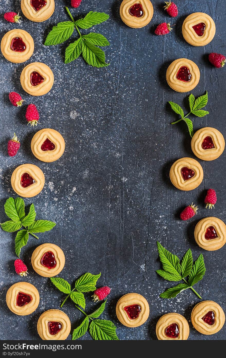 Raspberry Cookies, Berries, Leaves, copy space