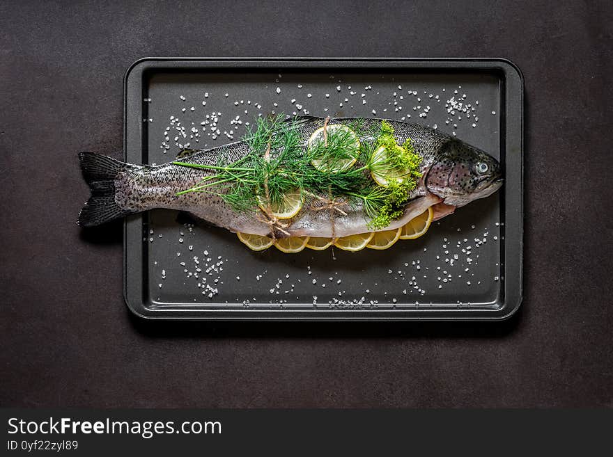 Whole Raw Trout / Salmon with Lemon and Dill on the Baking Tray Prepared to Be Roasted. Whole Raw Trout / Salmon with Lemon and Dill on the Baking Tray Prepared to Be Roasted