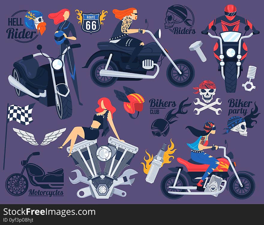 Biker On Motorcycle Vector Illustration Set, Cartoon Flat Biker Party Design Element Collection With Motorcyclists