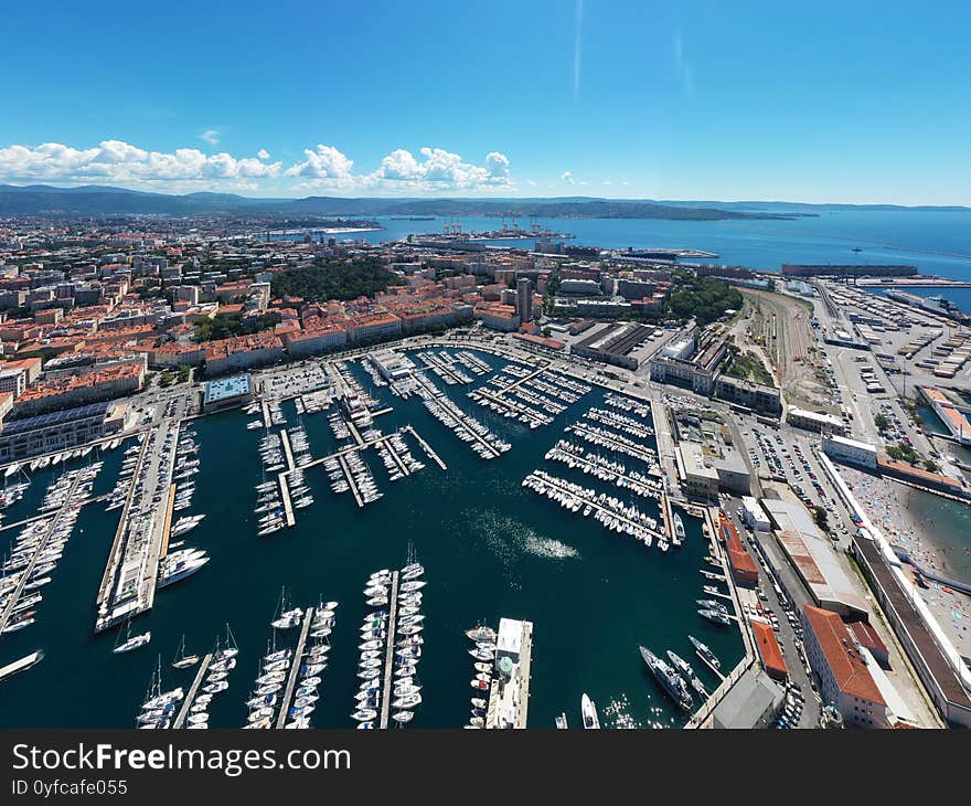 Trieste naval port and city aerial panoramic view