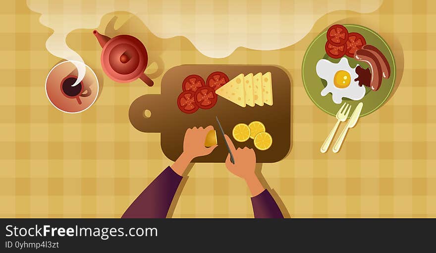 Cheese and tomatoes on the cutting board. Cooking breakfast, slicing a lemon for tea. Top view vector mockup for a layout landing page or design advertising banner.