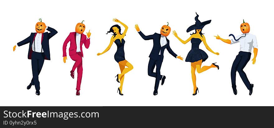 Elegantly dressed in evening dress, pumpkin jack o lantern and adorable witch dance in variable poses