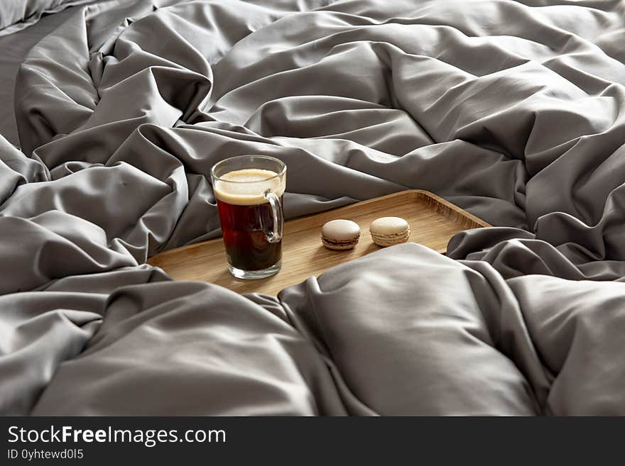 Tray With Coffee In A Large Bed In A King Size Bedroom