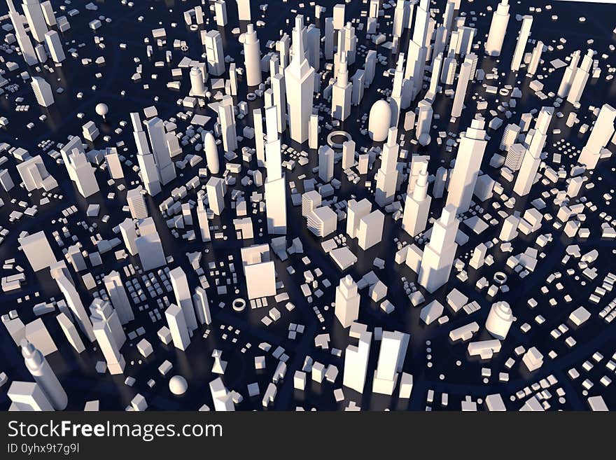 Aerial View 3D Rendering White City, Cityscape With Building House And Street With Shallow Depth Of Field Effect