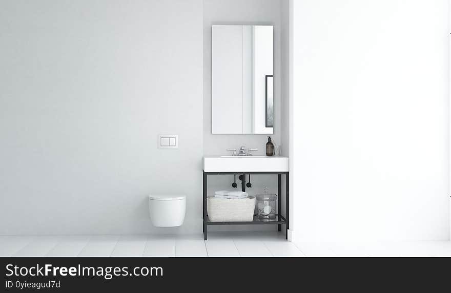 Bathroom Wall Reflected In The Mirror 
Fabric Storage Basket For Bath Towels. Bathroom Wall Reflected In The Mirror 
Fabric Storage Basket For Bath Towels