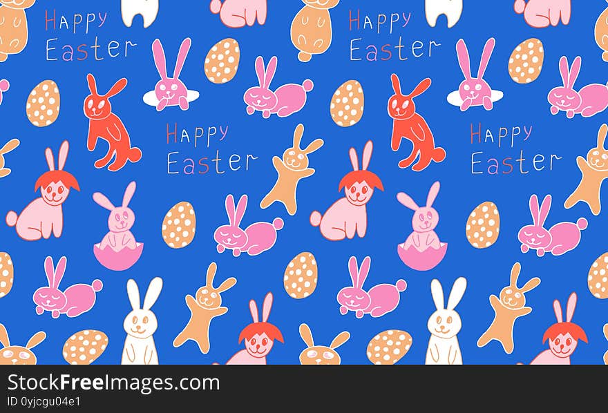 Cute Easter bunnies illustration. Hand drawn vector seamless pattern in doodle style. Festive characters with egg shell. Line art drawing