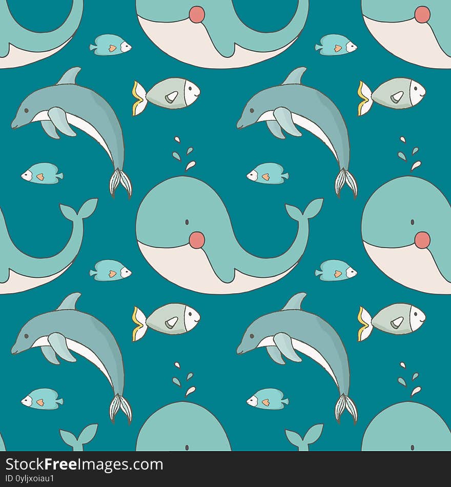 Watercolor doodle fishes seamless pattern on cyan blue background for fabric, paper, scrapbooking, wrapping