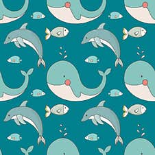 Watercolor Doodle Fishes Seamless Pattern On Cyan Blue Background For Fabric, Paper, Scrapbooking, Wrapping Stock Photography