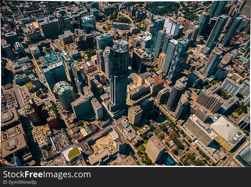 Aerial downtown Toronto city landscape. Skyscrapers, streets and parks.