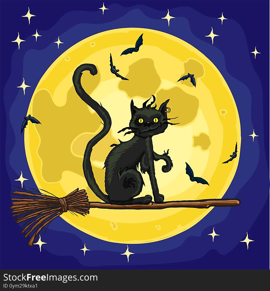 Halloween witch cat flying on the broom before moon