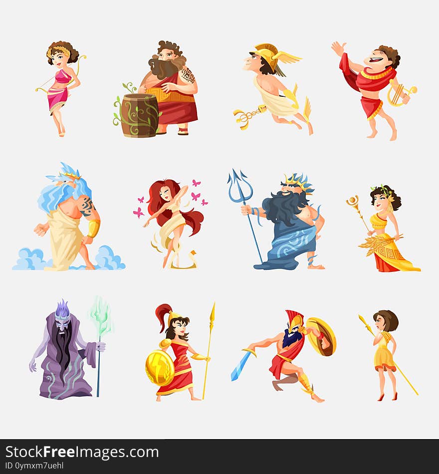 Ancient Greek Gods Cartoon Figures Sets With Dionysus Zeus Poseidon Aphrodite Apollo Athena Vector Illustration