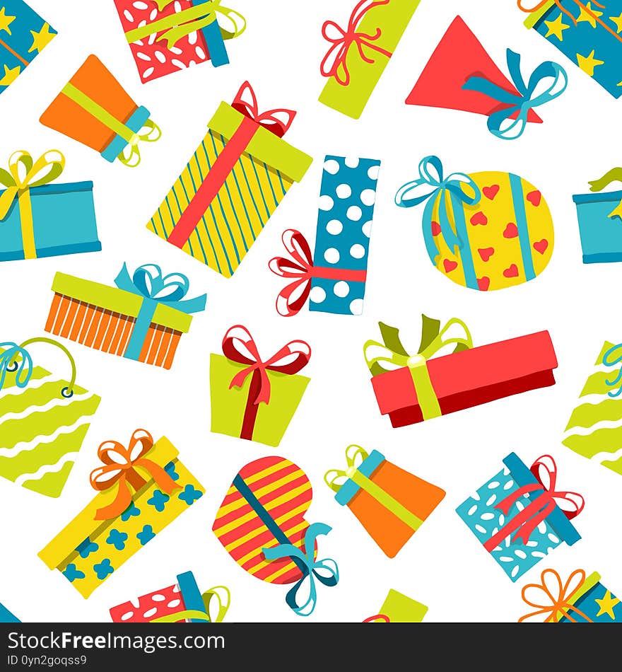 Gift Boxes Seamless Vector Pattern. Bright Color Hand Drawing. Surprise, Presents, Vector Background. Bright Design Of Gift Boxes