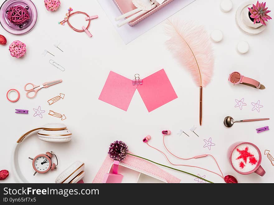 Teenage girl student workspace mockup flat lay. Girlish accessory, variety of office supplies and note paper sheet sticker. Student desk top view. Clear contemporary tabletop. Back to school concept