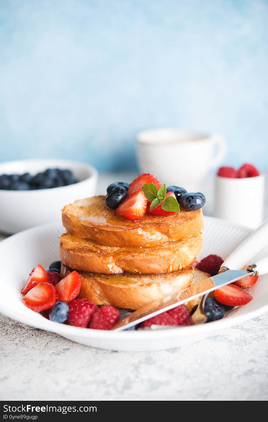 Traditional Fried French Toast With Honey And Fresh Berries, Breakfast