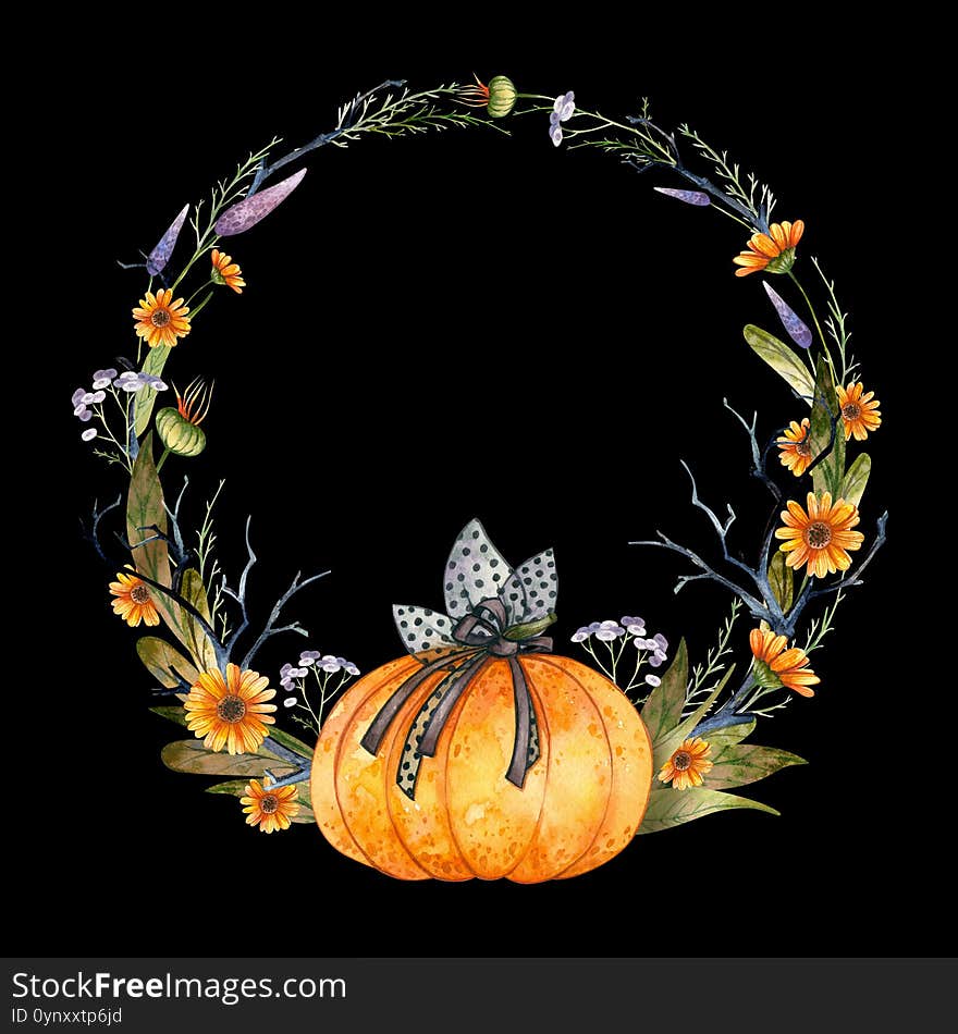 Halloween Party Invitation, empty template. Clipart wreath with pumpkin and autumn flowers. Watercolor illustration on black background