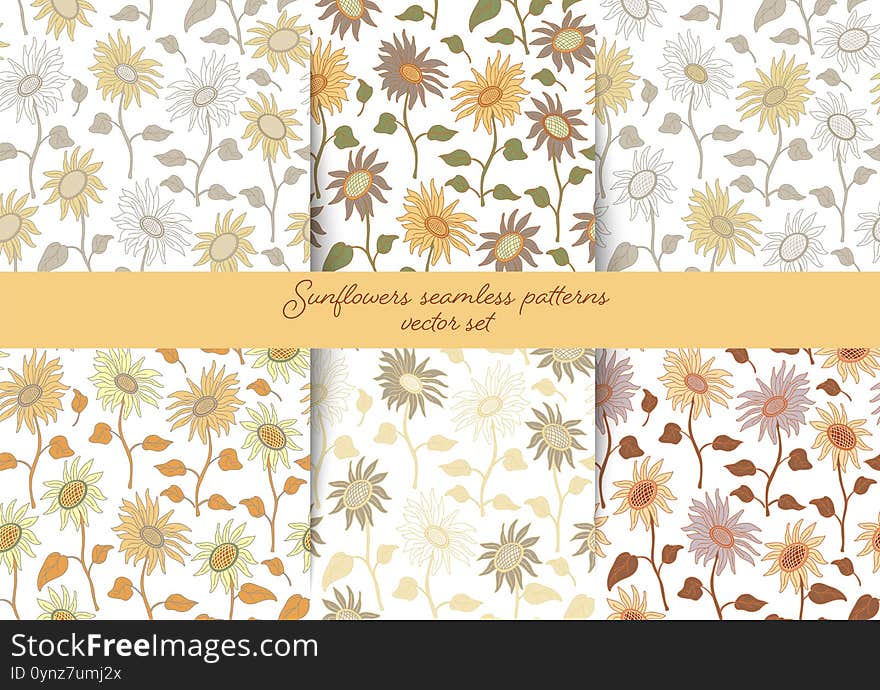 Set with 6 colors variations of vector seamless pattern. Neutral, honey colors. Nice sunflowers on long stems with leaves. Hand drawn flat style with lines on white. Great for fabrics, wrapping papers. Set with 6 colors variations of vector seamless pattern. Neutral, honey colors. Nice sunflowers on long stems with leaves. Hand drawn flat style with lines on white. Great for fabrics, wrapping papers