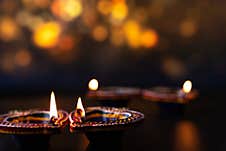 Indian Festival Diwali, Diya Oil Lamps Lit On Colorful Rangoli. Hindu Traditional. Happy Deepavali. Copy Space For Text Stock Image