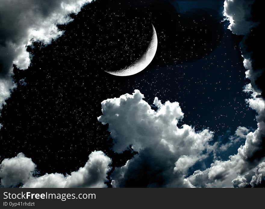 The moon in the night sky in clouds 3D illustration