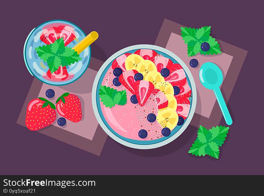 This is a summer smoothie. The smoothie is refreshing and healthy. There is a glass of water, bananas, strawberries, berries, blueberries,mint.  
This is a bright picture for the background, menu, signboard, postcard, splash screen, cover.