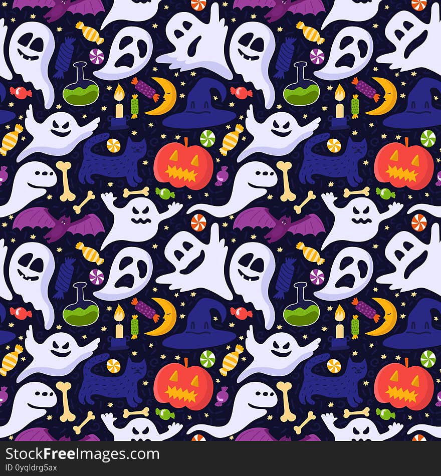 Halloween party seamless pattern with poison bottle, witch hat, moon, bat. Creative hand drawn cute backdrop with ghosts, pumpkin characters, sweets, candle. Purple background. Bright vector wallpaper. Halloween party seamless pattern with poison bottle, witch hat, moon, bat. Creative hand drawn cute backdrop with ghosts, pumpkin characters, sweets, candle. Purple background. Bright vector wallpaper