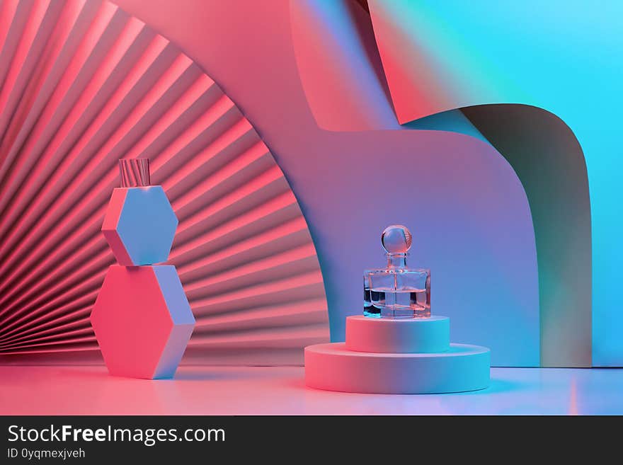 Composition With Perfume On The Podium, With Geometric Shapes And A Fan In Neon Light