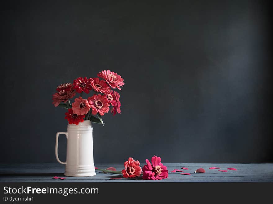 Pink flowers in white jug on dark blue background