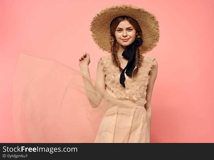 Fashionable Woman In Dress And Hat With Black Ribbon On Pink Background Cropped View Of Model Emotions Fun