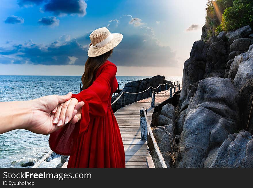 Thai women tourists Holding the hand of a lover to visit  Koh Nang yuan in Surat thani,Thailand