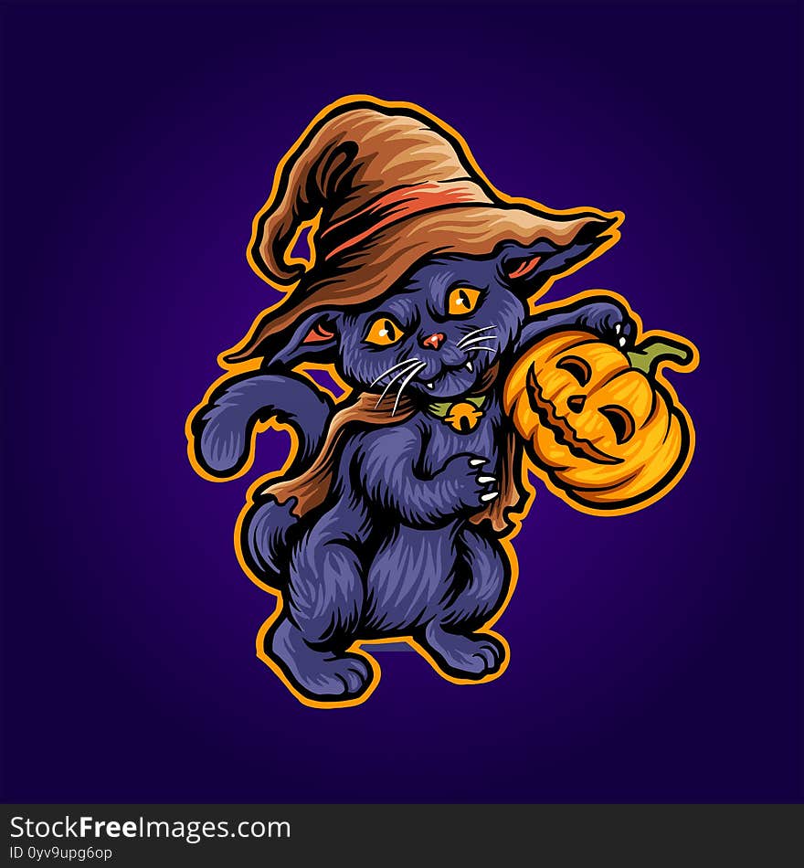 Cat Halloween Scary Pumpkins witch Zombie Illustrations