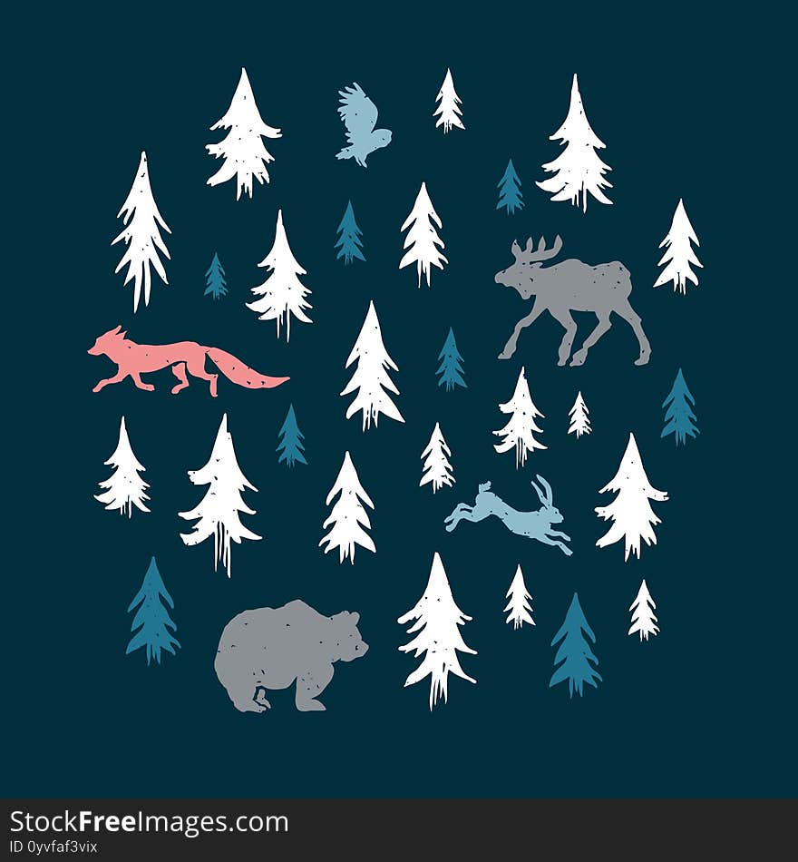 Wild Animals In A Pine Forest Design