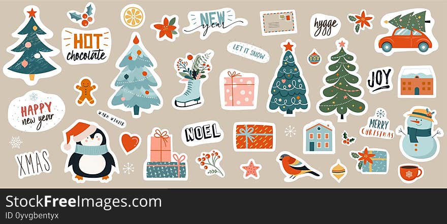 Collection of Christmas decorations, holiday gifts, winter knitted woolen clothes, ginger bread, trees, gifts and penguin. Colorful vector illustration in flat cartoon style