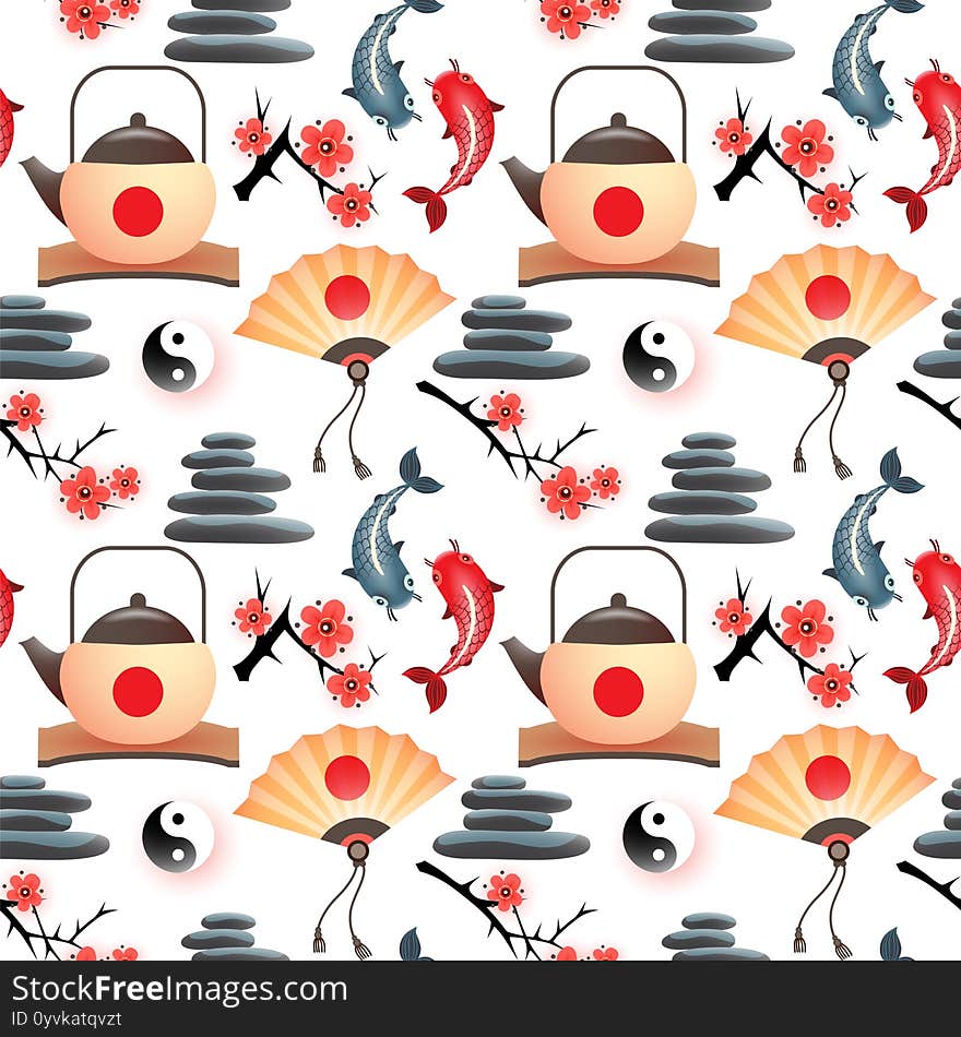 Japanese symbols - objects of traditional culture of Japan: teapot, flat stones, fan, sakura tree flowers, Yin Yang, koi carp. Vector seamless pattern. Japanese symbols - objects of traditional culture of Japan: teapot, flat stones, fan, sakura tree flowers, Yin Yang, koi carp. Vector seamless pattern