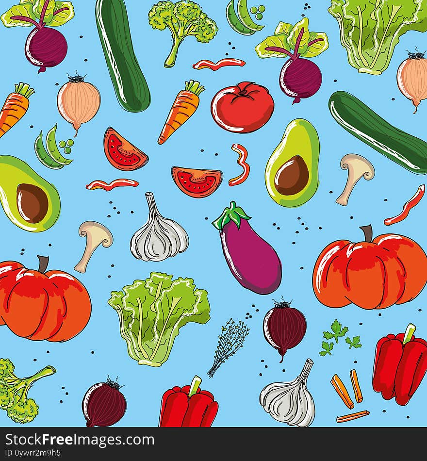 Vegetables pattern background. Healthy food hand drawn. vector illustration