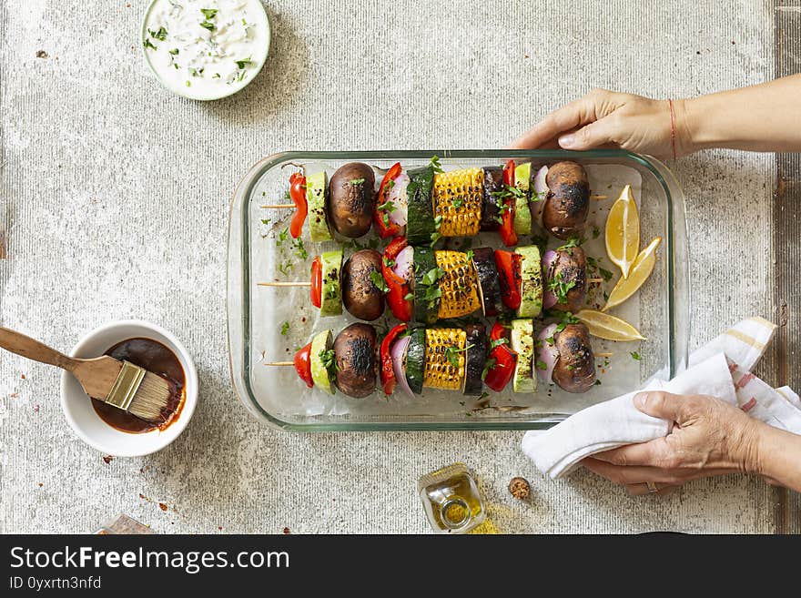 Preparing Vegan Kebab With Variety Of Vegetables And Shiitake Mushrooms.top View