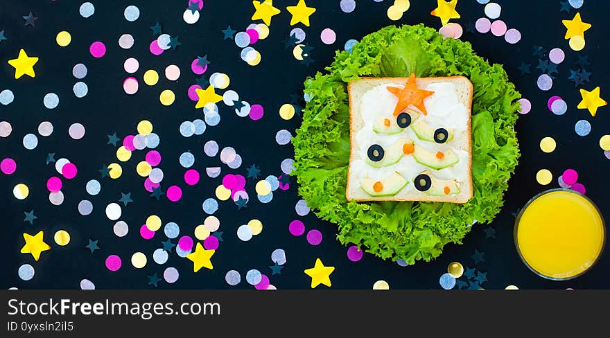 Banner. Funny Breakfast, Sandwiches In The Form Of Christmas Trees. Avocado, Olives, Carrots. Flat Lay, Copy Space