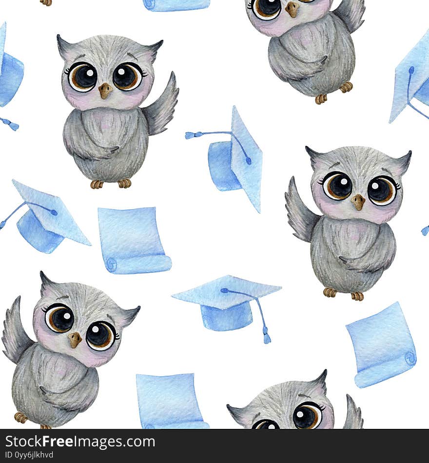 Seamless pattern gray, smart owl, blue scroll and graduate hat.Watercolor, childish illustration of a scientist bird on a white background.