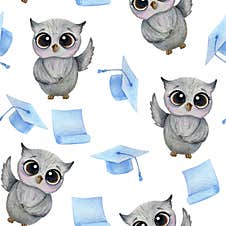 Seamless Pattern Gray, Smart Owl, Blue Scroll And Graduate Hat.Watercolor Stock Image