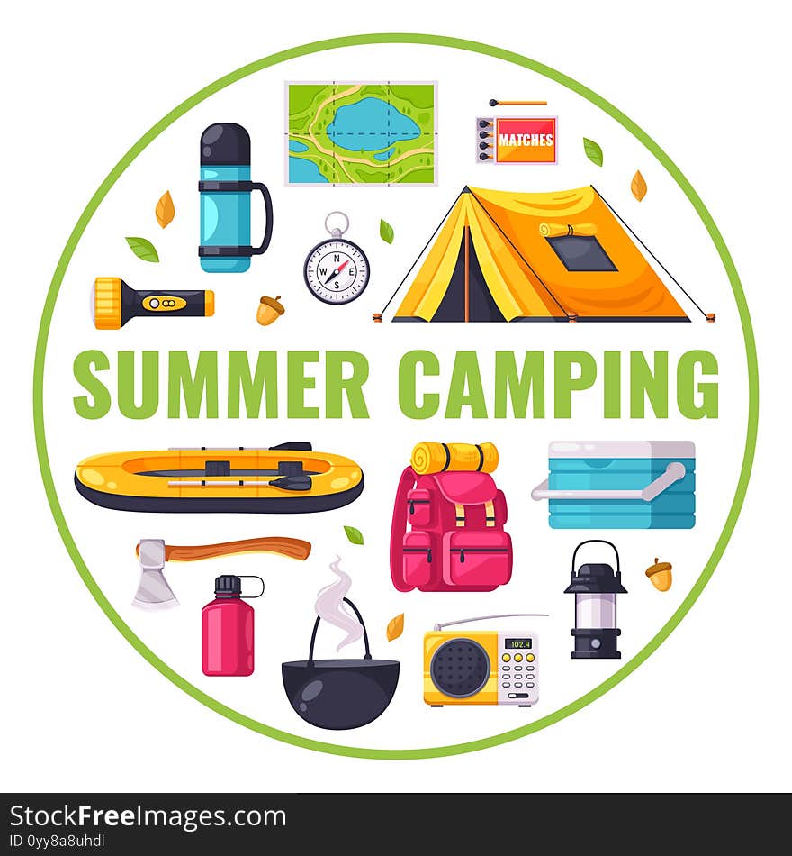 Cartoon composition with equipment for summer camping icons in circle on white background isolated vector illustration. Cartoon composition with equipment for summer camping icons in circle on white background isolated vector illustration